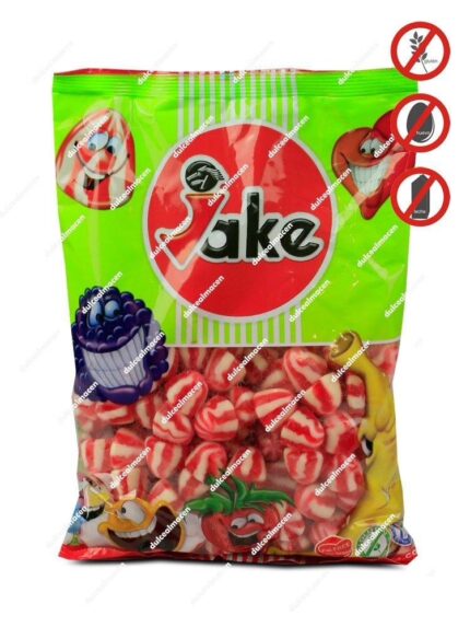 Bolsa verde de 1 kg de gominolas besos twist de fresa y nata de la marca Jake, con sellos de sin gluten, sin huevo y sin lactosa - Dulcealmacen