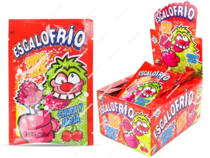 Estuche expositor rojo de 40 sobres de Escalofrio Dip & Lick de Juan López junto a un sobre individual mostrando la piruleta y el sello Sin Gluten - Dulcealmacen