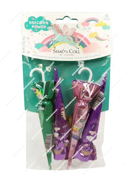 Pack de 5 sombrillas de chocolate con leche de Simón Coll con temática de unicornios y arcoíris en envoltorios de colores metalizados - Dulcealmacen