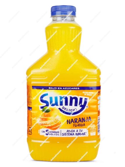 Botella de 1.25 litros de Sunny Delight Florida sabor Naranja con etiqueta azul destacando el contenido de vitaminas A, C y E sobre fondo blanco en Dulcealmacen