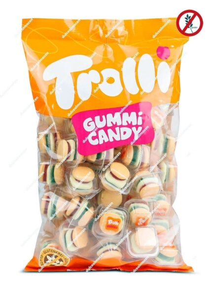 Bolsa de 50 unidades de gominolas Trolli Mini Burger, pequeñas hamburguesas de colores envasadas individualmente en blíster - Dulcealmacen