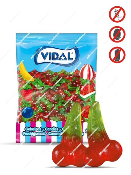 Caja de golosinas Vidal Cerezas Brillo en forma de cerezas dobles rojas y verdes de goma en formato de 250 unidades - Dulcealmacen