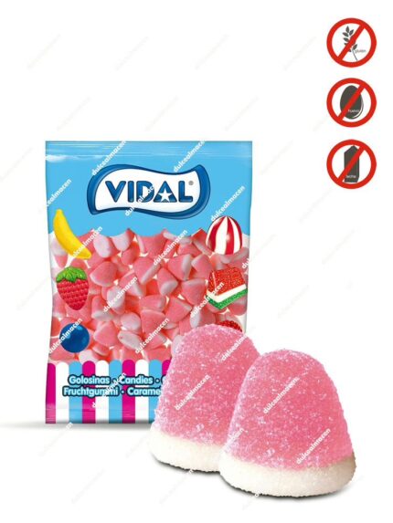 Bolsa de 1kg de Vidal Besos de Fresa mostrando las gominolas rojas y blancas con forma de beso y sellos de sin gluten y sin grasa - Dulcealmacen