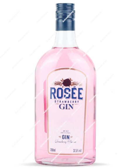 Botella de Gin Rosée Strawberry 0,70 L de color rosa claro con etiqueta elegante y detalles en azul - Dulcealmacen