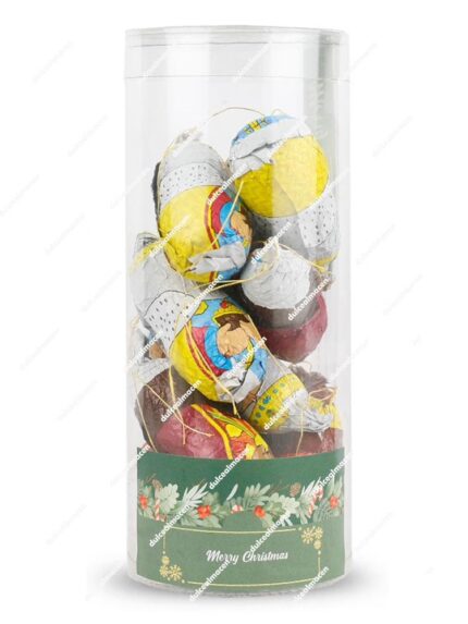 Tarro transparente con tapa dorada conteniendo mini figuras de chocolate con leche de los Reyes Magos envueltas en papel brillante, marca CFV 143g - Dulcealmacen
