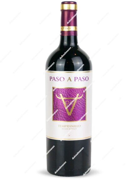 Botella de vino tinto Paso a Paso Tempranillo de 75 cl con etiqueta blanca y detalles modernos en Dulcealmacen