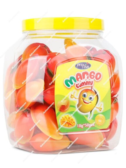 Bote transparente de Mango Gummy con 50 unidades de gominolas sabor mango envueltas individualmente, mostrando el diseño naranja vibrante y el logotipo del producto - Dulcealmacen