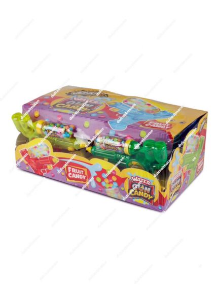 Caja de 12 unidades de Bee Pistolas de Agua en colores azul y verde, rellenas de bolitas de caramelo frutal - Dulcealmacen