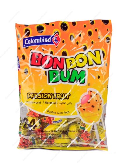 Bolsa naranja con motivos de maracuyá de caramelos con palo Bon Bon Bum sabor Passion Fruit de Colombina - Dulcealmacen