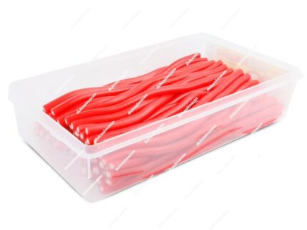 Estuche de plástico transparente con tapa de regalices gigantes rellenos de acabado liso color rojo Damel Maxirellenos sabor fresa de 75 unidades - Dulcealmacen
