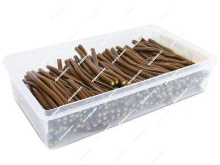 Estuche de plástico transparente con tapa de regalices rellenos de color marrón oscuro Damel Rellenitos sabor cola de 210 unidades - Dulcealmacen