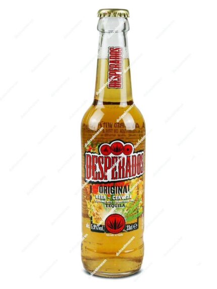 Botella de cristal de Desperados Original 33 cl con etiqueta amarilla y logo rojo - Dulcealmacen