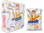 Caja de exposición de Tosfrit Torcis con sabor a queso conteniendo 26 bolsas individuales de snack de maíz en Dulcealmacen