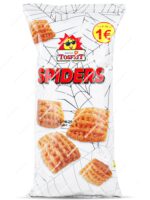 Bolsa de Tosfrit Spiders de 70 gramos, snacks de maíz con forma de araña sobre fondo azul en Dulcealmacen