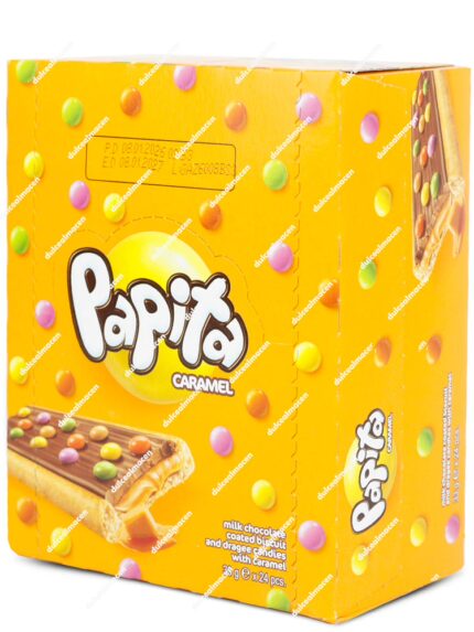 Caja expositora naranja de 24 unidades de galletas Papita Caramel con imagen de galleta rellena de caramelo y grageas de colores - Dulcealmacen