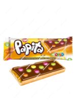 Caja expositora naranja de 24 unidades de galletas Papita Caramel con imagen de galleta rellena de caramelo y grageas de colores - Dulcealmacen