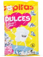 Bolsa amarilla de Popitas Dulces Color Azul de 100g para microondas, destacando su color azul, sellos vegano y sin gluten, y una palomita en tabla de surf - Dulcealmacen