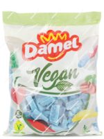 Bolsa de 1 kg de gominolas Damel Vegan Tajada Frambuesa de color azul con azúcar, mostrando los sellos Vegan y Sin Gluten - Dulcealmacen
