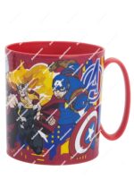 Taza roja para microondas de 390ml con diseño de los Avengers de Marvel mostrando a Hulk e Iron Man en estilo Bombers - Dulcealmacen