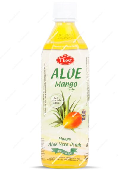 Botella de 500 ml de bebida T'best Aloe Vera sabor Mango con diseño naranja y verde, imágenes de mango y aloe, y sello de Sin Gluten - Dulcealmacen
