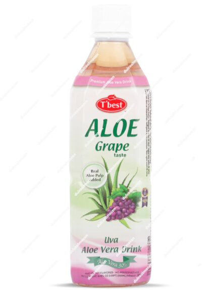 Botella de 500ml de bebida T'best Aloe Vera sabor Uva con diseño de uvas moradas y hojas de aloe vera - Dulcealmacen