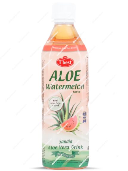 Botella de 500 ml de bebida T'best Aloe Vera sabor Sandía con diseño rosado y verde, imagen de rodaja de sandía y planta de aloe - Dulcealmacen