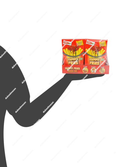 Caja expositora de cartón roja con ilustraciones de patatas fritas dulces, salsa Souracha y sobre Nippers Crunchy Zed Candy Gummy Fries de 12 unidades - Dulcealmacen