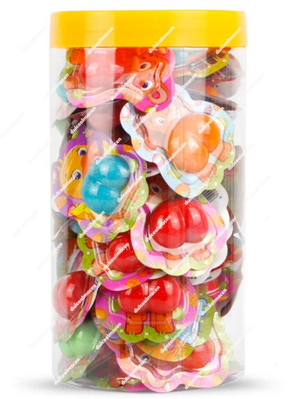 Bote plástico cilíndrico transparente con tapa azul de gominolas Hip Gummy con 60 divertidas unidades individuales envasadas en cápsulas y etiqueta azul y amarilla - Dulcealmacen