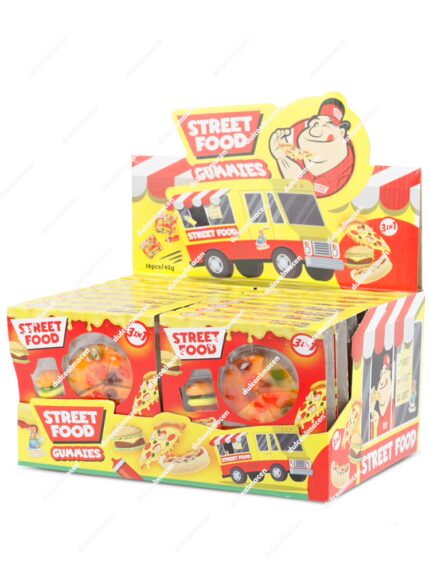 Caja expositora decorada como un puesto callejero con 16 unidades de gominolas Street Food Gummies con divertidas formas de hamburguesas, perritos y kebabs - Dulcealmacen