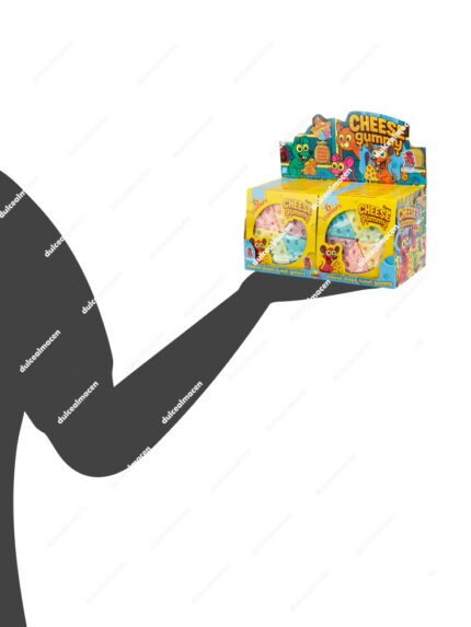 Caja expositora azul de gominolas Cheese Gummy con 20 unidades individuales que muestran caramelos de goma con formas detalladas de porciones de pizza e ingredientes - Dulcealmacen