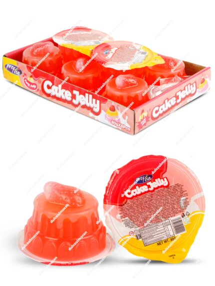 Caja expositora de color rosa y azul de caramelos de goma gigantes Profisa Cake Jelly con 8 porciones individuales envasadas en blíster con forma de tarta con frutas - Dulcealmacen