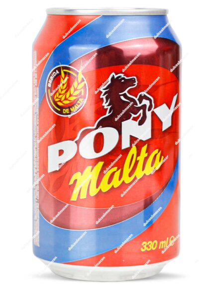 Envase cilíndrico de aluminio de la bebida de malta colombiana Pony Malta de 33 cl, con un diseño exterior de franjas diagonales rojas, amarillas y blancas, destacando el logotipo central de la marca con letras negras perfiladas en blanco - Dulcealmacen