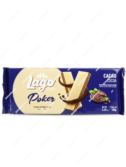 Paquete de plástico azul brillante con detalles rojos de galletas wafer italianas Lago Poker con sabor a cacao de 150 gramos - Dulcealmacen