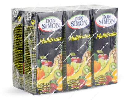 Pack de 6 unidades de Don Simon zumo multifrutas de 200ml cada brik, mostrando imágenes de piña, manzana, naranja, kiwi y plátano en el envase - Dulcealmacen