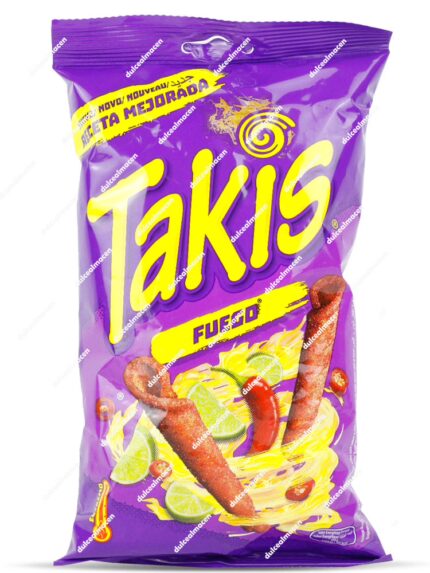 Bolsa de Takis Fuego 90g de color morado, destacando el sabor Chile y Lima y el sello de Receta Mejorada con imágenes de chiles y limas - Dulcealmacen