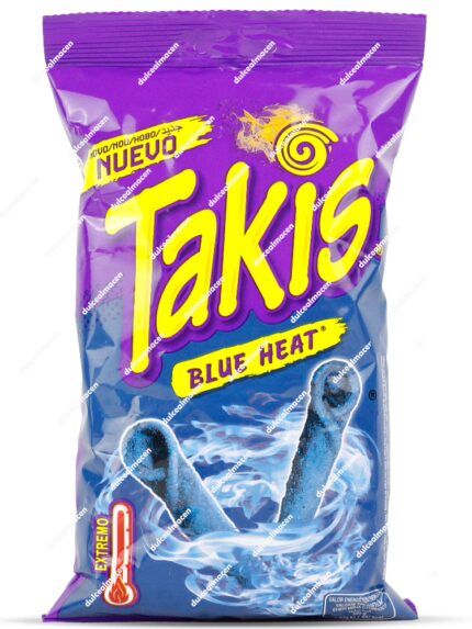 Bolsa de Takis Blue Heat 90g de color azul y morado, mostrando los snacks enrollados de color azul vibrante y el indicador de nivel de picante Extremo - Dulcealmacen