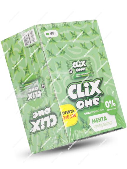 Caja expositora de color verde con 150 paquetes de chicles Clix One sabor menta peppermint sin azúcar, indicando 0% azúcar en el envase - Dulcealmacen