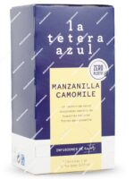 Caja rectangular de color azul marino de la infusión de autor La Tetera Azul variedad Manzanilla Camomile de 30 bolsitas, con una franja central de color amarillo crema suave y el logotipo redondo Zero Plastic en la parte frontal - Dulcealmacen