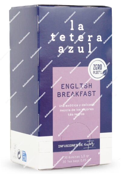 Caja rectangular de color azul marino del té negro de autor La Tetera Azul variedad English Breakfast de 30 bolsitas, mostrando una franja central de color morado lavanda y el distintivo redondo Zero Plastic en el frontal - Dulcealmacen