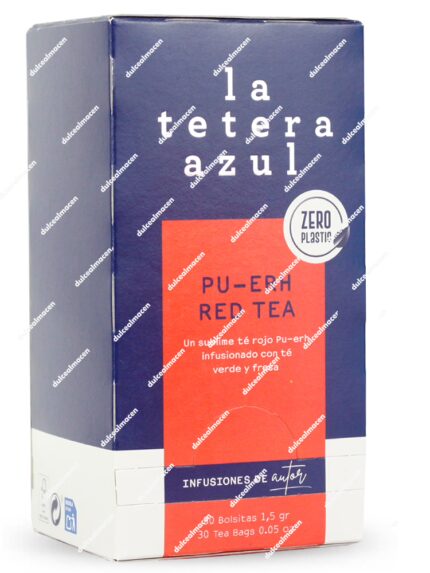 Caja rectangular de color azul marino del té rojo de autor La Tetera Azul variedad Pu-erh Red Tea de 30 bolsitas, con una franja central de color rojo granate brillante y el logotipo redondo Zero Plastic en la parte frontal - Dulcealmacen