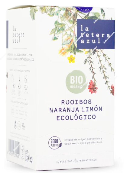 Caja rectangular de color azul marino de la infusión de autor La Tetera Azul variedad Rooibos Naranja Limón Ecológico de 20 bolsitas, con una franja central de color naranja brillante, rodajas de cítricos ilustradas y el logotipo redondo Zero Plastic junto al sello de Agricultura Ecológica en la parte frontal - Dulcealmacen