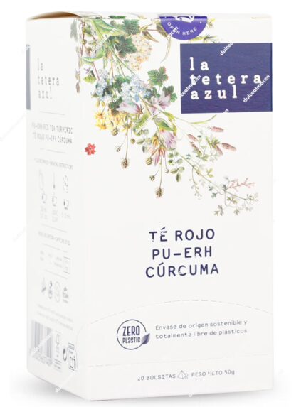 Caja rectangular de color azul marino de la infusión de autor La Tetera Azul variedad Té Rojo Cúrcuma Choco de 20 bolsitas, con una llamativa franja central de color marrón chocolate brillante, ilustraciones de raíces de cúrcuma y onzas de chocolate, y el logotipo redondo Zero Plastic en la parte frontal - Dulcealmacen