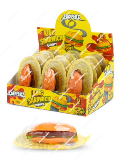 Caja expositora de color azul de gominolas gigantes Zupperz King Sandwich Gummy con 12 unidades individuales que muestran caramelos de goma con forma de sándwich de colores - Dulcealmacen